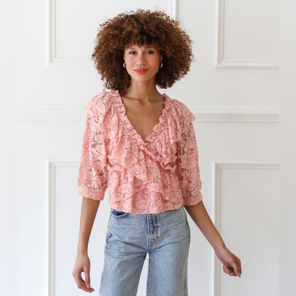 NEW Mille Isabella Cropped Ruffled Lace Top in Cream – Women’s Size M Easter - Picture 3 of 9